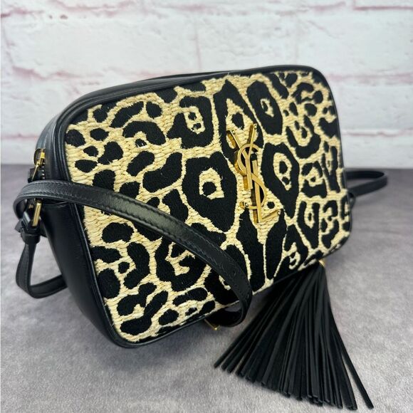 Saint Laurent YSL Raffia Calfskin Leopard Print Monogram Lou Camera Bag Natural - Picture 3 of 16